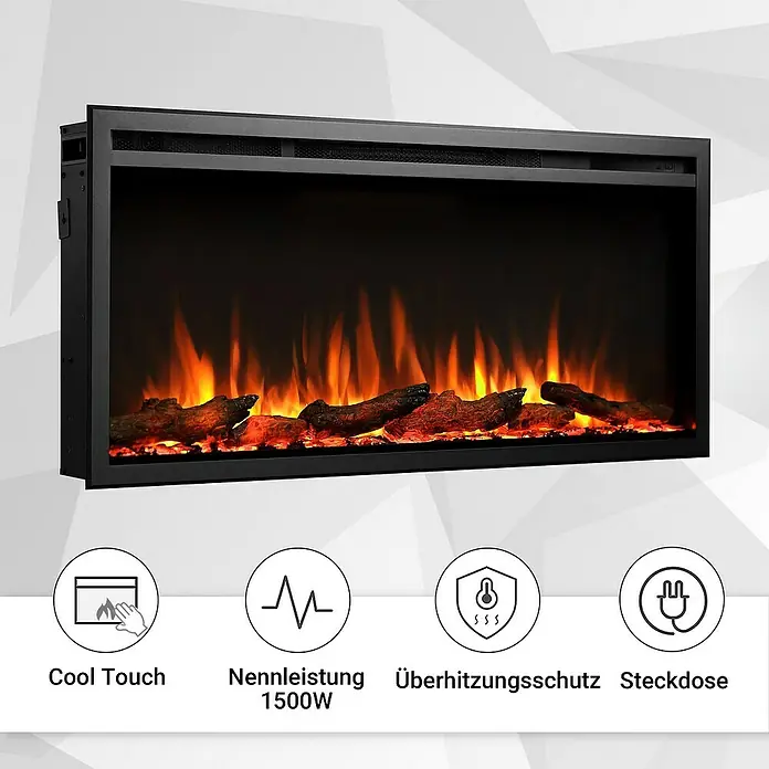 Balderia Elektrischer Kamin AT-40 3D-Flammeneffekt Wifi App - Schwarz, 101,6 x 14,6 x 48 cm - Nahaufnahme eines elektrischen Kaminofens mit Flammeneffekt und Bedienfeldsymbolen.