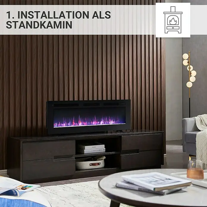 Balderia Elektrischer Kamin LE-50 3D-Flammeneffekt - Schwarz, 125 x 14 x 43 cm - Das Bild zeigt einen eleganten elektrischen Kamin als Standkamin, der in einem modern eingerichteten Wohnzimmer platziert ist.