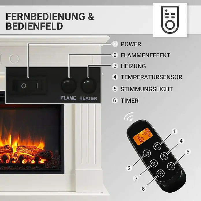 Balderia Elektrischer Kamin LE-WE 3D-Flammeneffekt - Weiß, 111 x 24,9 x 95 cm - Produktansicht: Ein elektrischer Kamin mit Bedienelementen und Fernbedienung zur Steuerung von Flamme, Heizung, Temperatur und Licht.