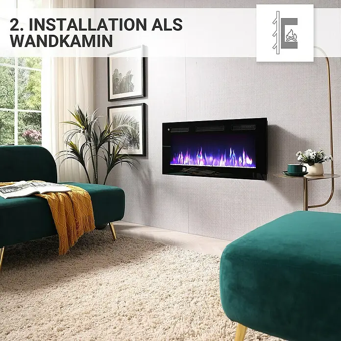 Balderia Elektrischer Kamin LE-36 3D-Flammeneffekt - Schwarz, 92 x 14 x 43 cm - Wandkamin-Installation: Elegantes, schwarzes Wandkamin mit faszinierenden blauen Flammen, das jedem Raum Wärme und Stil verleiht.
