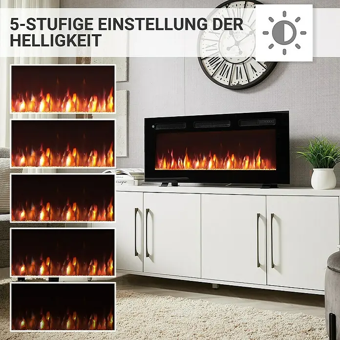Balderia Elektrischer Kamin LE-40 3D-Flammeneffekt - Schwarz, 102 x 14 x 43 cm - Das Bild zeigt einen elektrischen Kamin mit 5-stufiger Helligkeitseinstellung, der auf einem weißen Schrank steht.