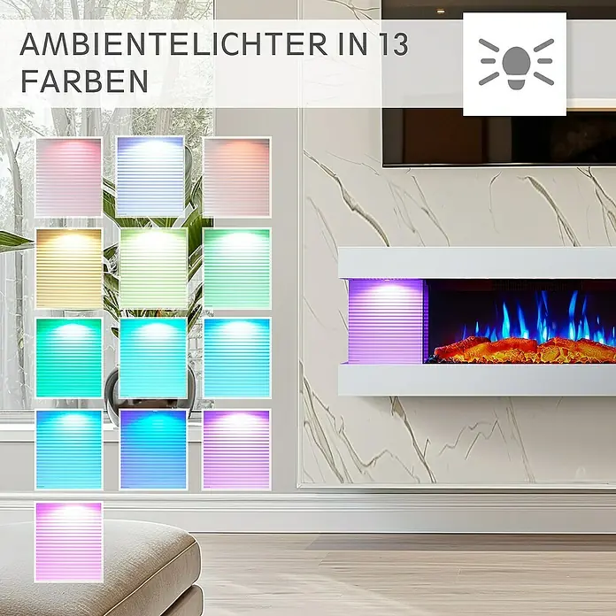 Balderia Elektrischer Kamin LU-WE 3D-Flammeneffekt - Weiß, 120 x 21,6 x 41,8 cm - Bild einer Ambientebeleuchtung mit 13 verschiedenen Farben für eine gemütliche Atmosphäre im Raum.