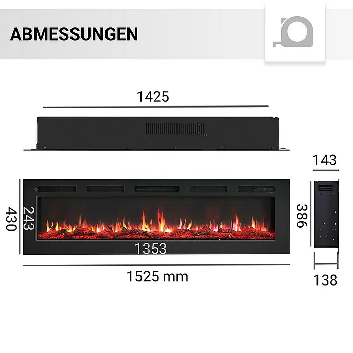 Balderia Elektrischer Kamin LE-60 3D-Flammeneffekt - Schwarz, 152,5 x 14 x 43 cm - Abmessungen des elektrischen Kamineinsatzes, detaillierte Größenangaben für Breite, Höhe und Tiefe zur einfachen Installation.