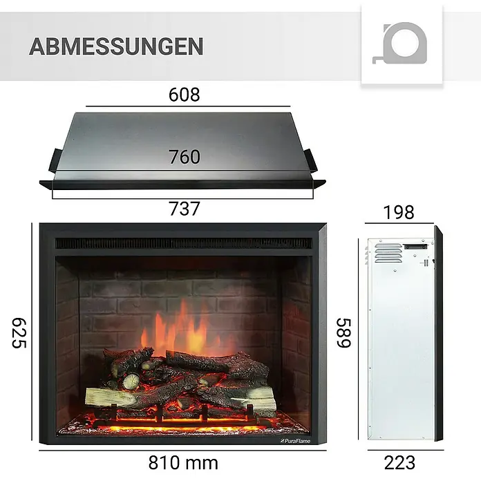 Balderia Elektrischer Kamin CA-30 3D-Flammeneffekt - Schwarz, 81 x 22 x 62,5 cm - Produktabbildung mit Maßangaben für einen stilvollen Elektrokamin mit lebensechtem Flammeneffekt.