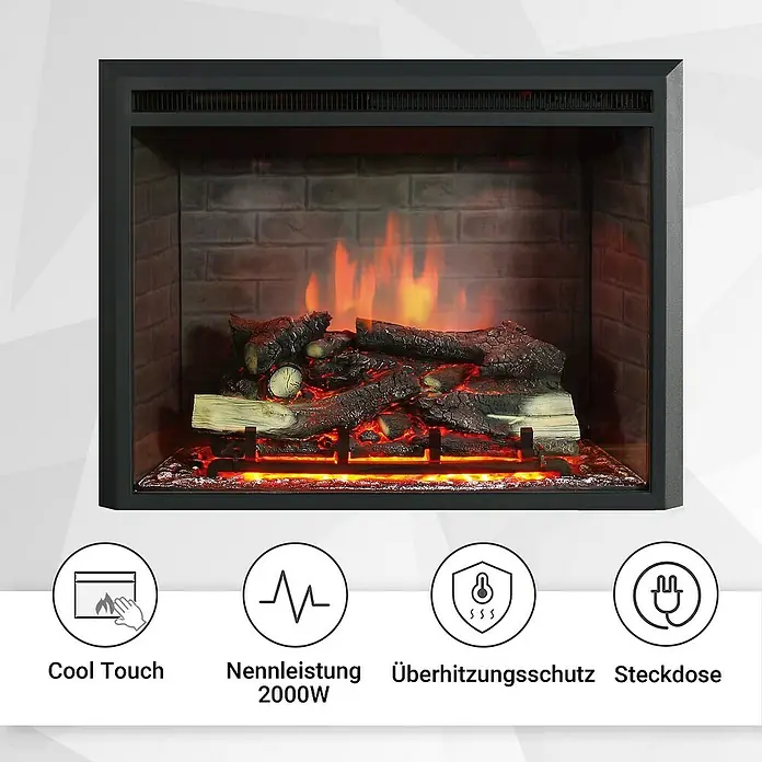 Balderia Elektrischer Kamin CA-30 3D-Flammeneffekt - Schwarz, 81 x 22 x 62,5 cm - Elektrischer Kamin mit Flammeneffekt und Holzscheit-Dekor, inklusive Cool-Touch-Funktion, Überhitzungsschutz und 2000W Nennleistung.