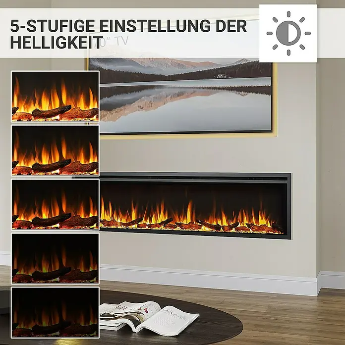 Balderia Elektrischer Kamin AT-72 3D-Flammeneffekt Wifi App - Schwarz, 183 x 14,6 x 48 cm - Dieses Bild zeigt einen elektrischen Kamin mit 5 Helligkeitsstufen. Er bietet eine moderne und stimmungsvolle Beleuchtung.