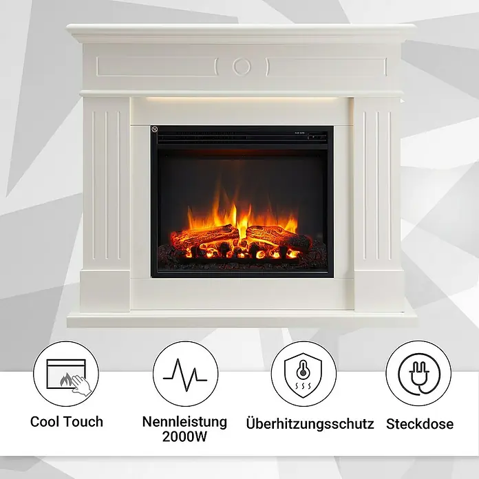 Balderia Elektrischer Kamin LE-WE 3D-Flammeneffekt - Weiß, 111 x 24,9 x 95 cm - Bild eines weißen Elektrokamins mit verschiedenen Schutzfunktionen wie Cool Touch und Überhitzungsschutz.