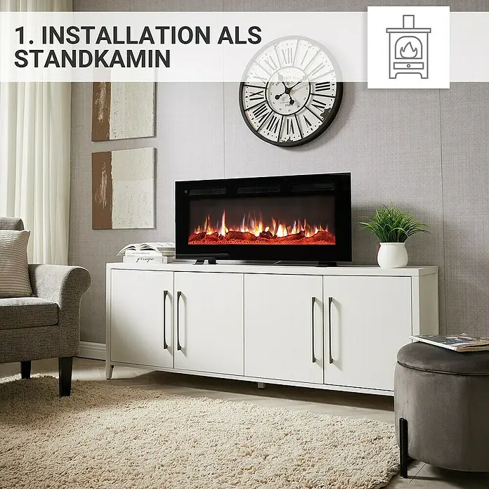 Balderia Elektrischer Kamin LE-40 3D-Flammeneffekt - Schwarz, 102 x 14 x 43 cm - Elektrokamin als Standkamin mit weißem Unterschrank, moderner Feuerstelle-Look für gemütliche Stunden im Wohnzimmer.
