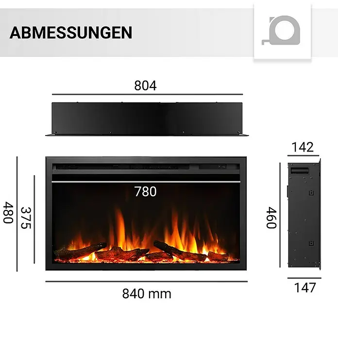 Balderia Elektrischer Kamin AT-33 3D-Flammeneffekt Wifi App - Schwarz, 84 x 14,6 x 48 cm - Abmessungen eines elektrischen Kamins, einschließlich Breite (840 mm), Höhe (480 mm) und Tiefe (142 mm).