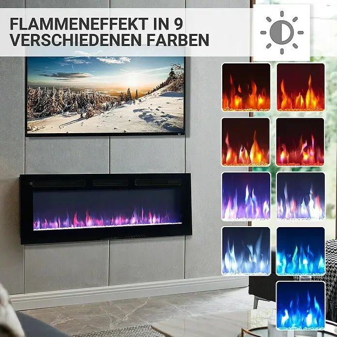 Balderia Elektrischer Kamin LE-50 3D-Flammeneffekt - Schwarz, 125 x 14 x 43 cm - Elektrischer Kamin mit 9 verschiedenen Flammeneffekten und Helligkeitseinstellung für stimmungsvolle Atmosphäre.