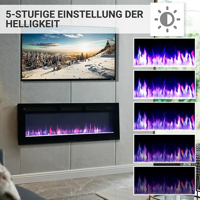Balderia Elektrischer Kamin LE-50 3D-Flammeneffekt - Schwarz, 125 x 14 x 43 cm - Elegantes, an der Wand montiertes Kaminfeuer mit 5-stufiger Helligkeitseinstellung und einem entspannenden Flammeneffekt.