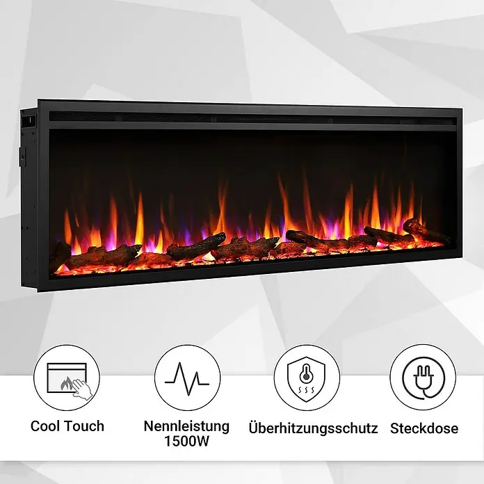 Balderia Elektrischer Kamin AT-60 3D-Flammeneffekt Wifi App - Schwarz, 152,4 x 14,6 x 48 cm - Bild einer elektrischen Feuerstelle mit Flammen und Holzscheiten. Sicherheitsfunktionen wie Cool Touch sind hervorgehoben.