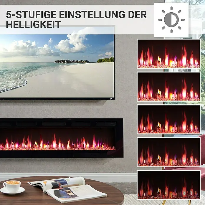 Balderia Elektrischer Kamin LE-60 3D-Flammeneffekt - Schwarz, 152,5 x 14 x 43 cm - Bild einer modernen Feuerstelle mit 5-stufiger Helligkeitseinstellung, die ein gemütliches Ambiente schafft.