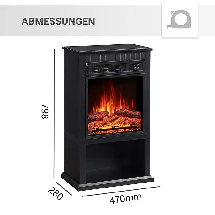 Balderia Elektrischer Kamin EM-BK 3D-Flammeneffekt - Schwarz, 79,8 x 28 x 47 cm - Abmessungen des schwarzen elektrischen Kaminofens mit realistischen Flammeneffekten und den Maßen 798 x 470 x 280 mm.