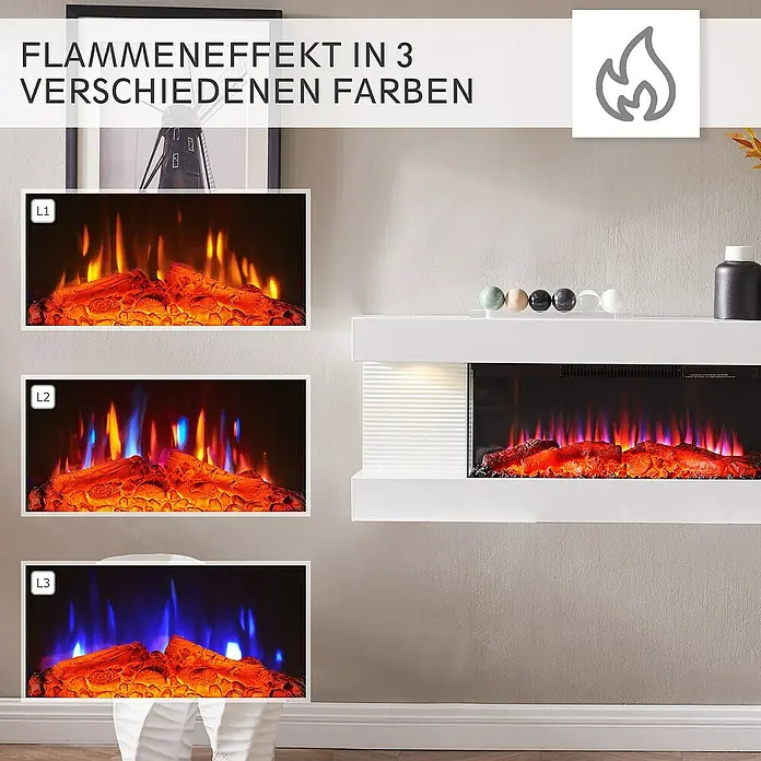 Balderia Elektrischer Kamin LU-WE 3D-Flammeneffekt - Weiß, 120 x 21,6 x 41,8 cm - Flammeneffekt in drei verschiedenen Farben. Unterschiedliche Flammeneinstellungen für den Kaminofen.