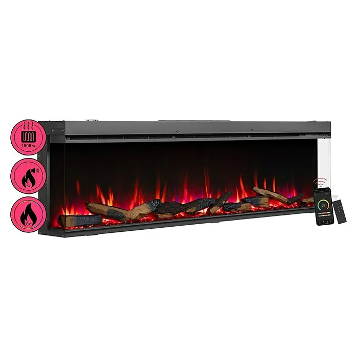 Balderia Elektrischer Kamin AH-72 3D-Flammeneffekt Wifi App - Schwarz, 182,8 x 20,6 x 49,3 cm - Das Bild zeigt einen modernen elektrischen Kamin mit Flammeneffekt und Bedienelementen zur Steuerung von Heizung und Einstellungen.
