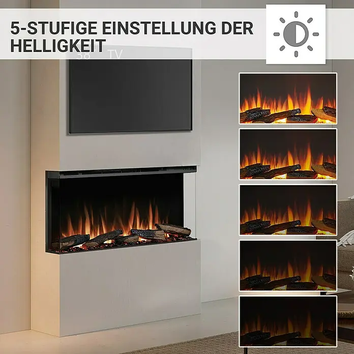 Balderia Elektrischer Kamin AH-36 3D-Flammeneffekt Wifi App - Schwarz, 92,8 x 20,6 x 49,3 cm - Produktbild eines modernen elektrischen Kamins mit einstellbarer Helligkeit, eingebaut in eine weisse Wand mit Fernseher.