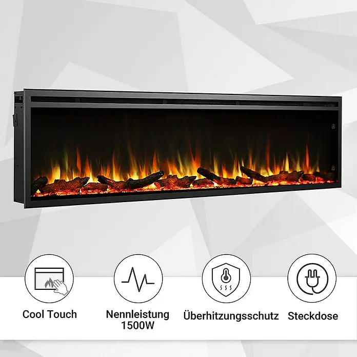 Balderia Elektrischer Kamin AT-72 3D-Flammeneffekt Wifi App - Schwarz, 183 x 14,6 x 48 cm - Produktabbildung eines modernen elektrischen Wandkamins mit simulierten Flammen und Holzscheiten, der Wärme und Atmosphäre bietet.
