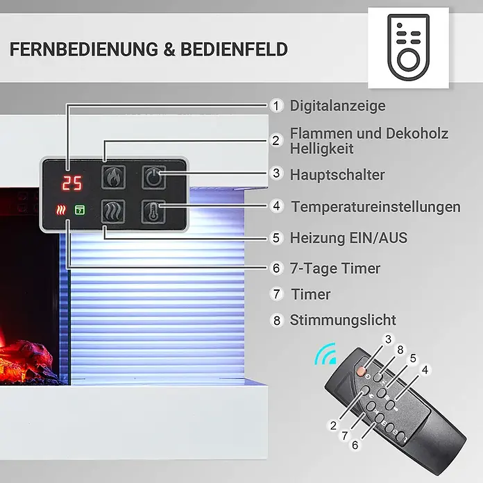 Balderia Elektrischer Kamin LU-WE 3D-Flammeneffekt - Weiß, 120 x 21,6 x 41,8 cm - Darstellung eines Kaminofens mit Bedienfeld und Fernbedienung zur Steuerung von Helligkeit, Temperatur und Timer für ein gemütliches Ambiente.