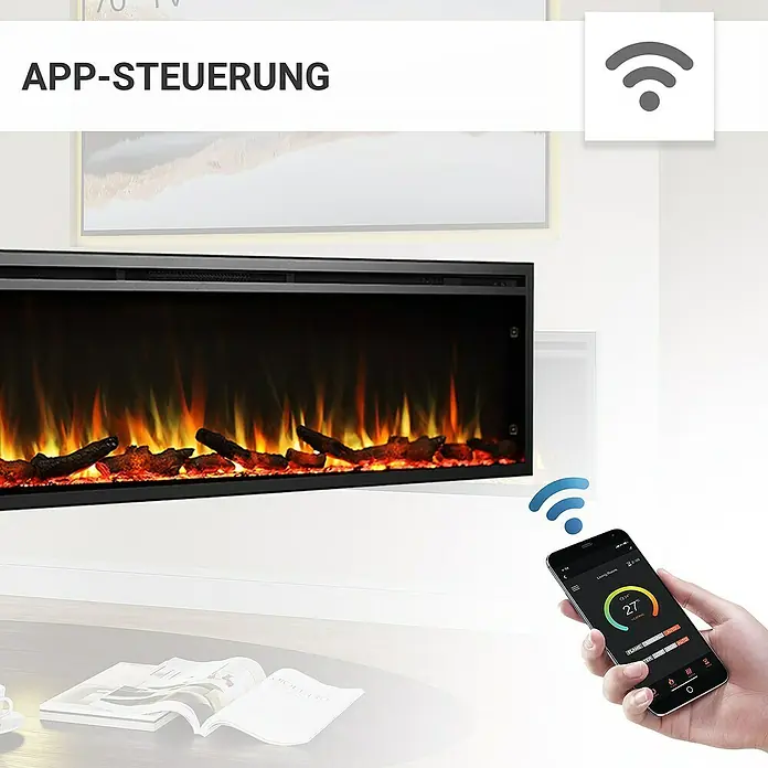 Balderia Elektrischer Kamin AT-72 3D-Flammeneffekt Wifi App - Schwarz, 183 x 14,6 x 48 cm - Intelligente Steuerung des elektrischen Kamins per App, für ein modernes und komfortables Ambiente.