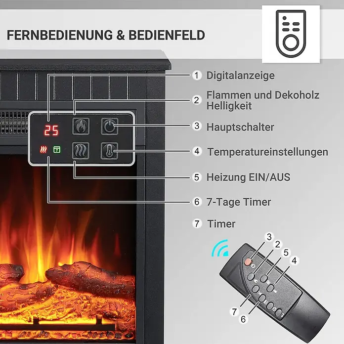 Balderia Elektrischer Kamin EM-BK 3D-Flammeneffekt - Schwarz, 79,8 x 28 x 47 cm - Nahaufnahme eines elektrischen Kamins mit digitaler Anzeige und Bedienelementen für Temperatur, Timer und Helligkeit.
