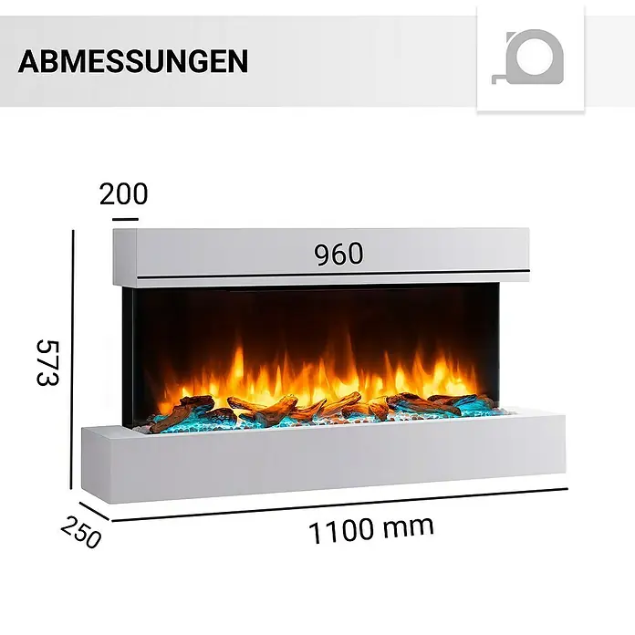 Balderia Elektrischer Kamin IG-WE 3D-Flammeneffekt - Weiß, 110 x 25 x 58,4 cm - Abmessungen des modernen Elektrokamins mit realistischen Flammeneffekten und einem eleganten, weißen Rahmen.