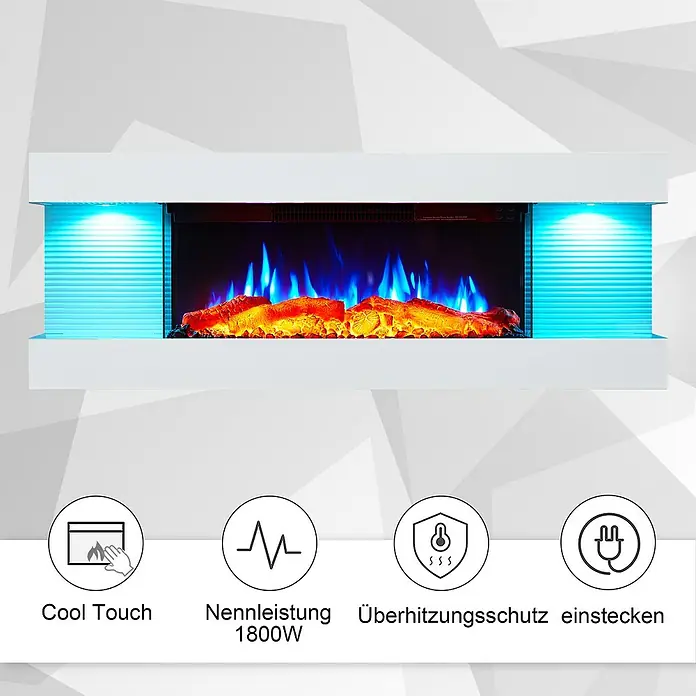 Balderia Elektrischer Kamin LU-WE 3D-Flammeneffekt - Weiß, 120 x 21,6 x 41,8 cm - Nahaufnahme eines modernen elektrischen Kamin mit LED-Flammen und verschiedenen Schutzfunktionen.