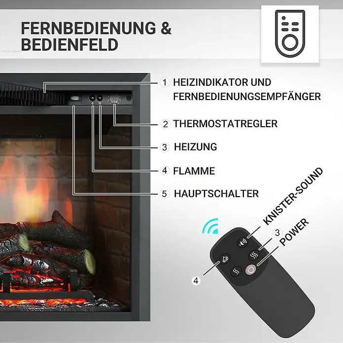 Balderia Elektrischer Kamin CA-30 3D-Flammeneffekt - Schwarz, 81 x 22 x 62,5 cm - Produktansicht einer Fernbedienung und eines Bedienfelds mit Hervorhebung der Funktionen und Bedienelemente.