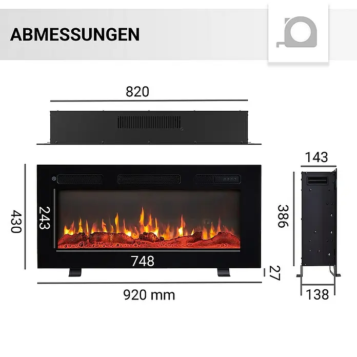 Balderia Elektrischer Kamin LE-36 3D-Flammeneffekt - Schwarz, 92 x 14 x 43 cm - Abmessungen des elektrischen Kamins mit Angaben zu Länge, Breite und Höhe.