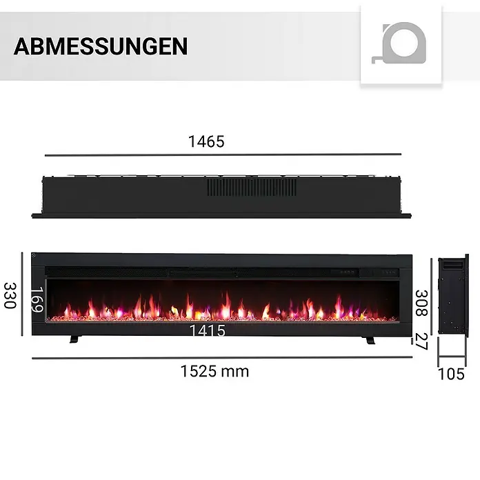 Balderia Elektrischer Kamin AG-60 3D-Flammeneffekt - Schwarz, 152,5 x 12 x 33 cm - Abmessungen des Elektrokamins mit Angaben zu Länge, Höhe und Tiefe in Millimetern für eine detaillierte Produktübersicht.