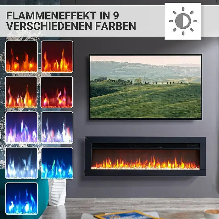 Balderia Elektrischer Kamin AG-40 3D-Flammeneffekt - Schwarz, 102 x 12 x 33 cm - Flammeneffekt Kamin mit 9 verschiedenen Farben, montiert unter einem Fernseher.