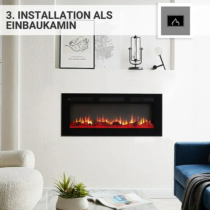 Balderia Elektrischer Kamin LE-40 3D-Flammeneffekt - Schwarz, 102 x 14 x 43 cm - Ein eingebauter Kamin mit realistischen Flammen sorgt für eine gemütliche Atmosphäre.
