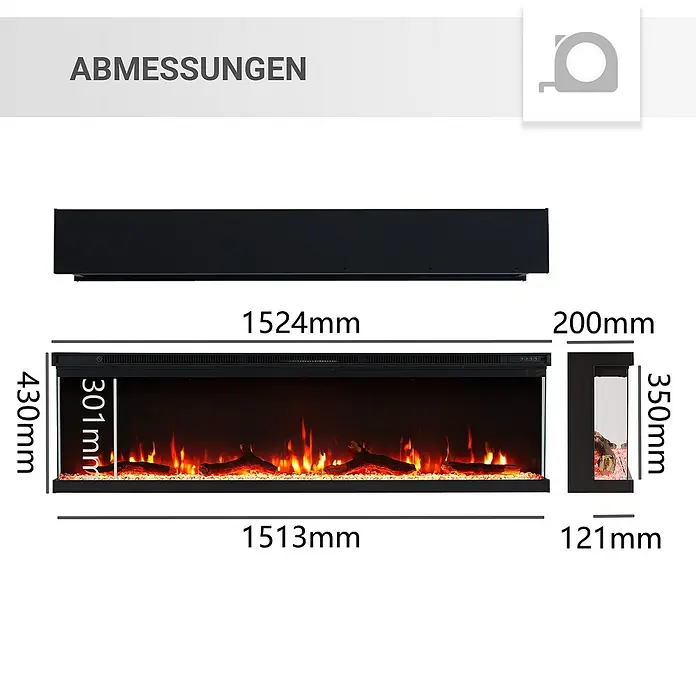 Balderia Elektrischer Kamin OR-60 3D-Flammeneffekt - Schwarz, 152,4 x 20 x 43 cm - Abmessungen eines elektrischen Kamins mit Angaben zu Breite, Höhe und Tiefe in Millimetern.