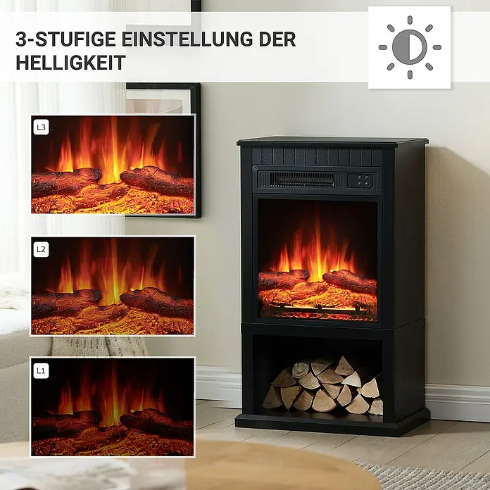 Balderia Elektrischer Kamin EM-BK 3D-Flammeneffekt - Schwarz, 79,8 x 28 x 47 cm - Bild eines schwarzen Elektrokamins mit dreistufiger Helligkeitseinstellung, der eine warme und gemütliche Atmosphäre schafft.