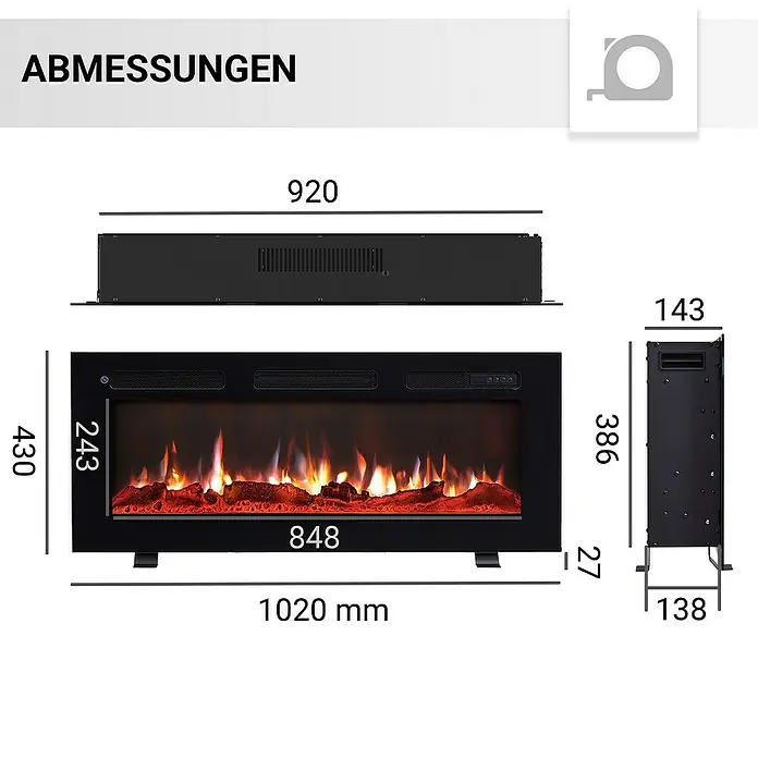 Balderia Elektrischer Kamin LE-40 3D-Flammeneffekt - Schwarz, 102 x 14 x 43 cm - Abmessungen eines Elektrokamins mit den Maßen 1020 mm Breite, 430 mm Höhe und 143 mm Tiefe.