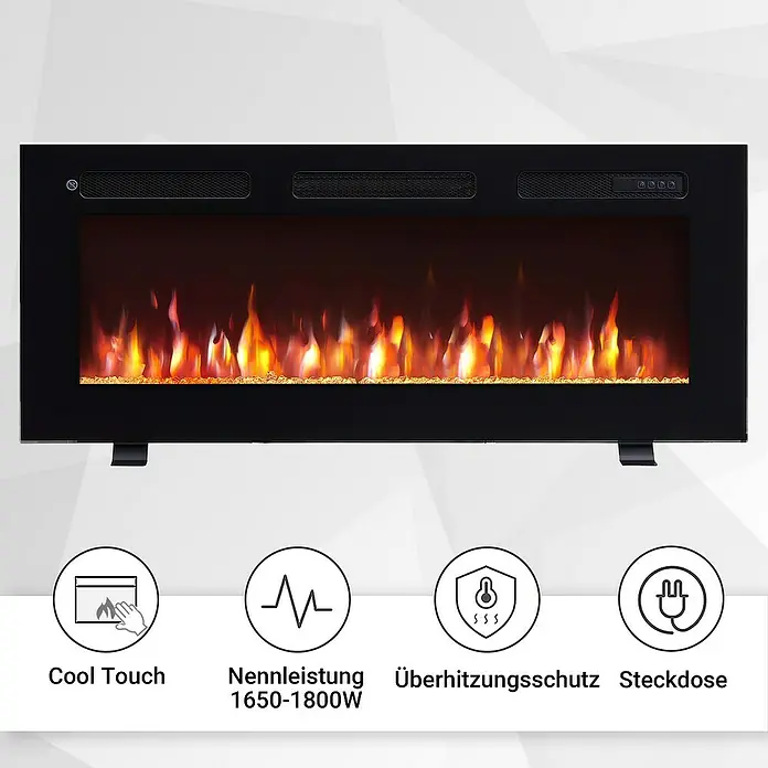 Balderia Elektrischer Kamin LE-40 3D-Flammeneffekt - Schwarz, 102 x 14 x 43 cm - Nahaufnahme eines elektrischen Kaminofens mit LED-Flammen und Produktspezifikationen.