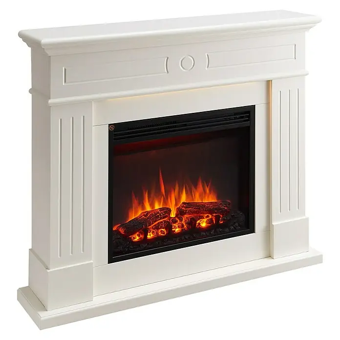 Balderia Elektrischer Kamin LE-WE 3D-Flammeneffekt - Weiß, 111 x 24,9 x 95 cm - Elegante weiße Kaminumrandung mit simulierten Flammen und Holzscheiten, die eine warme und einladende Atmosphäre schaffen.