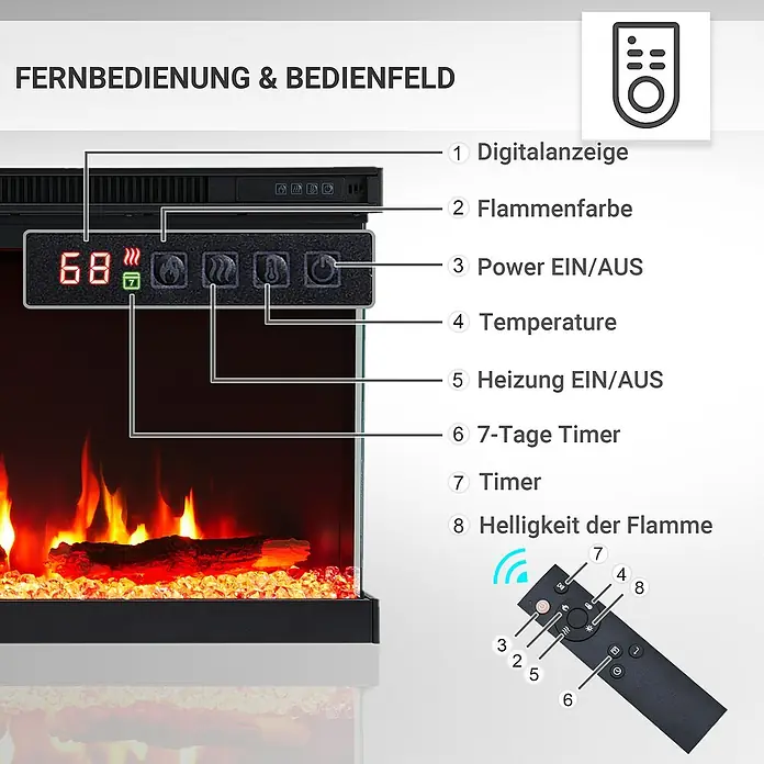 Balderia Elektrischer Kamin OR-60 3D-Flammeneffekt - Schwarz, 152,4 x 20 x 43 cm - Nahaufnahme eines elektrischen Kamins mit Bedienelementen und einer Fernbedienung zur Steuerung von Temperatur, Flammenfarbe und Timer.