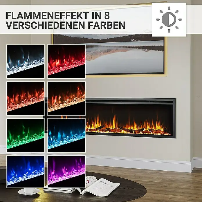Balderia Elektrischer Kamin AT-72 3D-Flammeneffekt Wifi App - Schwarz, 183 x 14,6 x 48 cm - Kamineinsatz mit 8 verschiedenen Flammeneffekten in diversen Farben und Helligkeitsstufen.