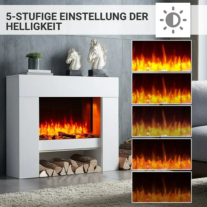 Balderia Elektrischer Kamin NA-WE 3D-Flammeneffekt - Weiß, 100 x 27,9 x 82,5 cm - Elegantes Elektrokamin-Design mit 5-stufiger Helligkeitseinstellung für eine stimmungsvolle Atmosphäre.