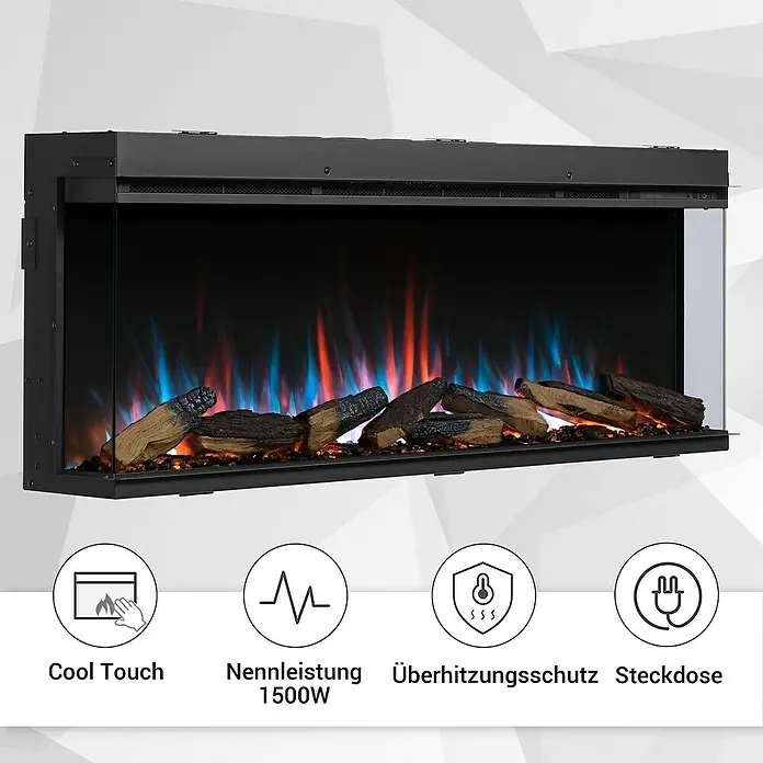 Balderia Elektrischer Kamin AH-52 3D-Flammeneffekt Wifi App - Schwarz, 132,8 x 20,6 x 49,3 cm - Das Bild zeigt einen modernen elektrischen Kamin mit lebensechten Flammen und Holzscheit-Imitation. Er verfügt über Cool-Touch, Überhitzungsschutz und 1500W Nennleistung.