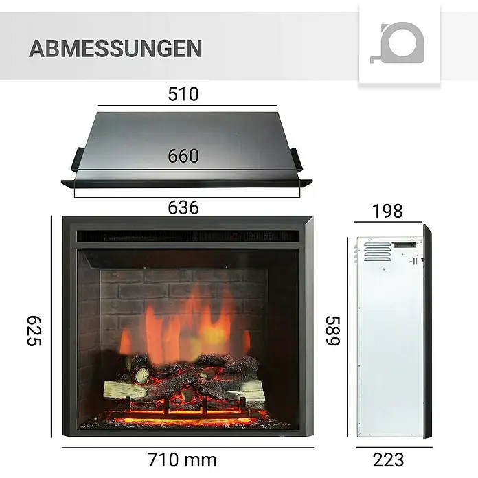 Balderia Elektrischer Kamin CA-26 3D-Flammeneffekt - Schwarz, 71 x 22 x 62,5 cm - Abmessungen des elektrischen Kamins mit Flammen-Effekt, Frontansicht und Seitenansicht mit Größenangaben in Millimetern.