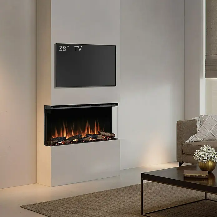 Balderia Elektrischer Kamin AH-36 3D-Flammeneffekt Wifi App - Schwarz, 92,8 x 20,6 x 49,3 cm - Ein modernes Wohnzimmer mit einem eingebauten elektrischen Kamin und einem 38-Zoll-Fernseher darüber.