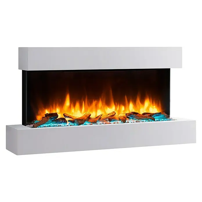 Balderia Elektrischer Kamin IG-WE 3D-Flammeneffekt - Weiß, 110 x 25 x 58,4 cm - Nahaufnahme eines modernen elektrischen Kamins mit simulierten Flammen und Holzscheiten, eingebettet in ein stilvolles, weißes Gehäuse.