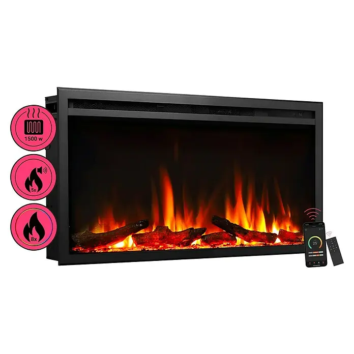 Balderia Elektrischer Kamin AT-33 3D-Flammeneffekt Wifi App - Schwarz, 84 x 14,6 x 48 cm - Ein modernes elektrisches Kaminfeuer mit lebensechten Flammen und praktischer Smartphone-Steuerung für gemütliche Wärme.