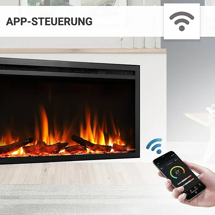 Balderia Elektrischer Kamin AT-33 3D-Flammeneffekt Wifi App - Schwarz, 84 x 14,6 x 48 cm - Intelligente Steuerung des Elektrokamins über eine App. Das Gerät bietet eine einfache Bedienung und viel Komfort.