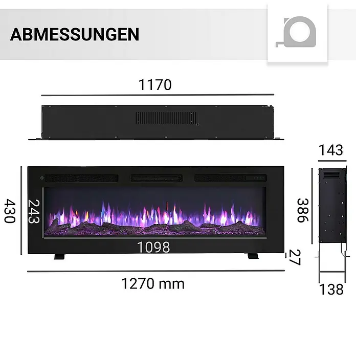 Balderia Elektrischer Kamin LE-50 3D-Flammeneffekt - Schwarz, 125 x 14 x 43 cm - Abmessungen eines schwarzen elektrischen Kamins, einschließlich Länge, Höhe und Tiefe.