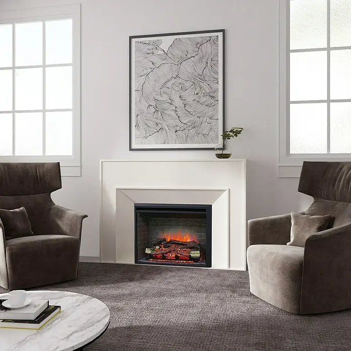 Balderia Elektrischer Kamin CA-30 3D-Flammeneffekt - Schwarz, 81 x 22 x 62,5 cm - Ein gemütliches Wohnzimmer mit einem Kamin, umgeben von Sesseln, die eine entspannende Atmosphäre schaffen, mit Fokus auf den Kamin.