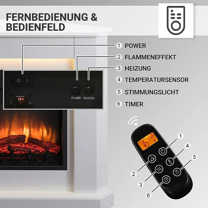 Balderia Elektrischer Kamin CA-WE 3D-Flammeneffekt - Weiß, 96,3 x 56,8 x 93,4 cm - Nahaufnahme eines Kamins mit Fernbedienung. Die Funktionen der Fernbedienung sind beschriftet.