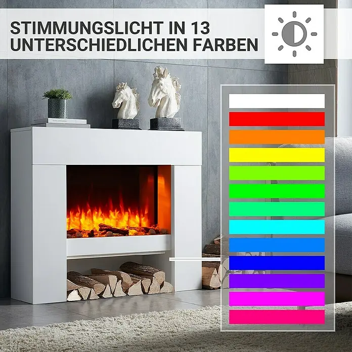 Balderia Elektrischer Kamin NA-WE 3D-Flammeneffekt - Weiß, 100 x 27,9 x 82,5 cm - Stimmungslicht in 13 verschiedenen Farben: Ein moderner Elektrokamin mit Farbwechselfunktion für eine gemütliche Atmosphäre.